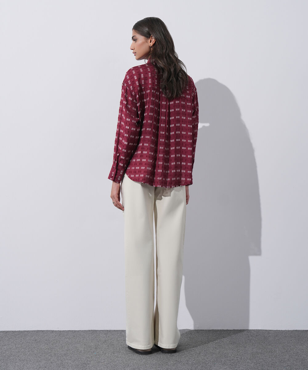 Women's Western Wear Red Textured Shirt With Knot Detail