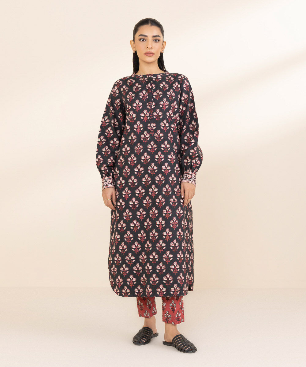 Women's Unstitched Black Cotton 2 Piece Suit