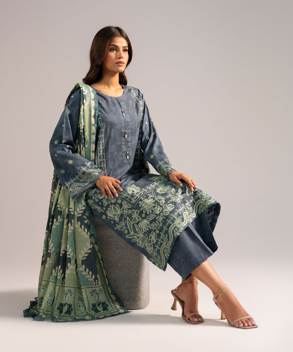 Women's RTW Self Jacquard Embroidered Steel Blue 3 Piece Suit