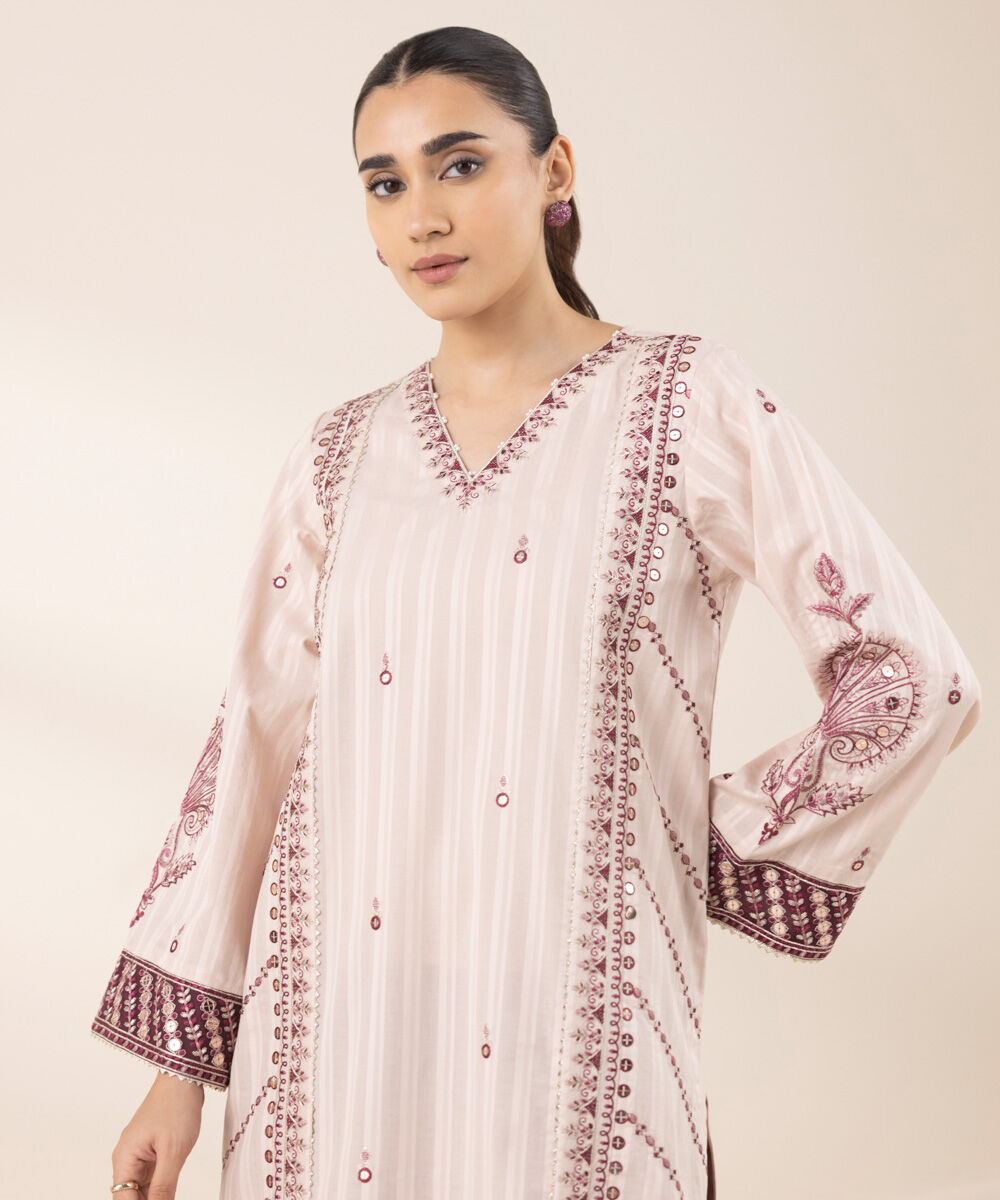 Women's RTW Dobby Pink Embroidered A-Line Shirt