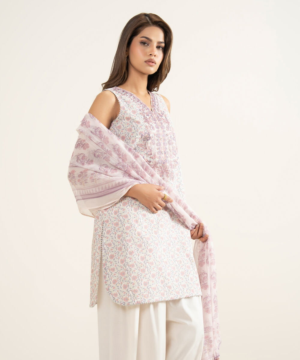 Women's Unstitched Lawn Embroidered Pink 3 Piece Suit