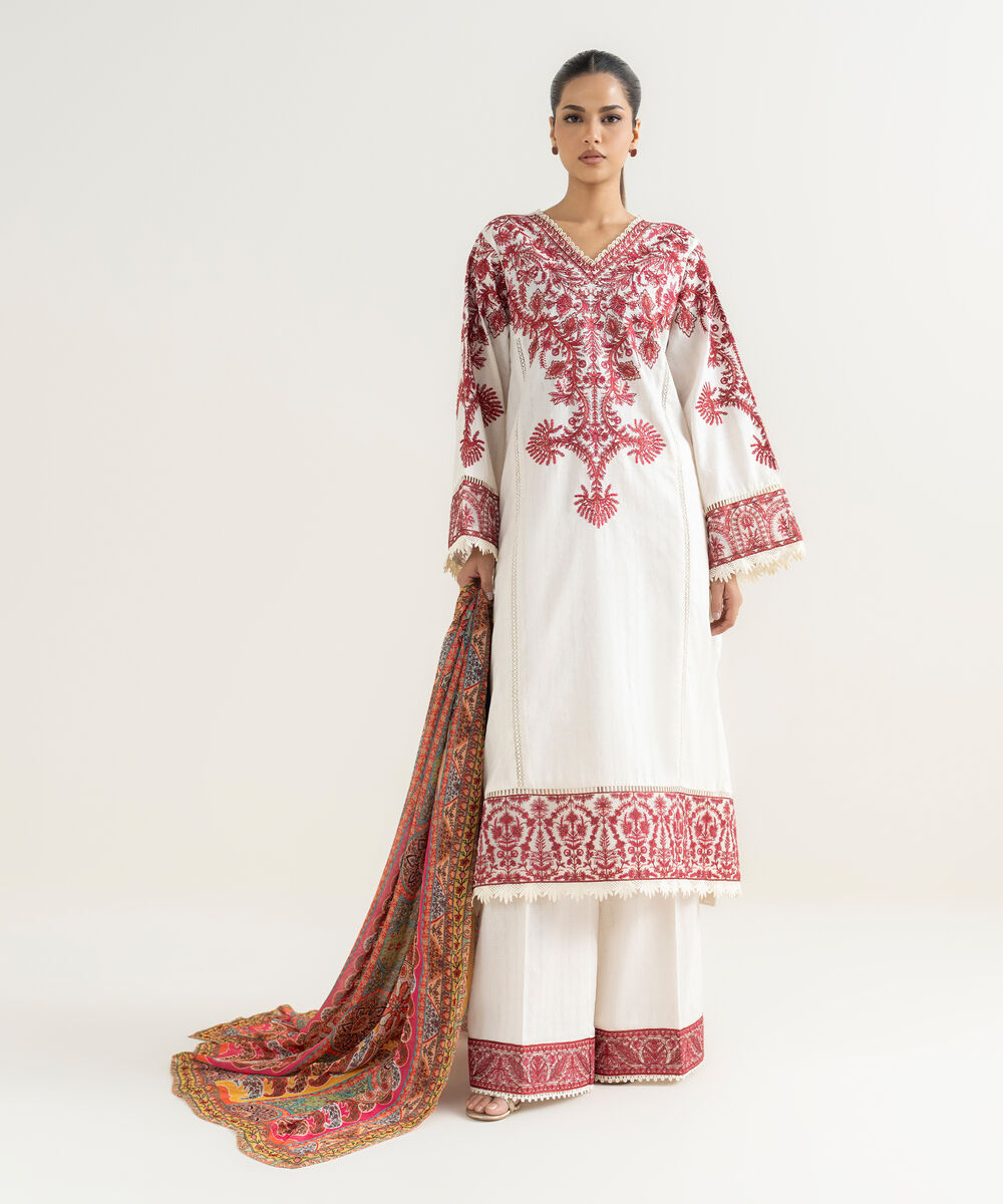 Women's RTW Textured Cotton Off White Embroidered A-Line Shirt