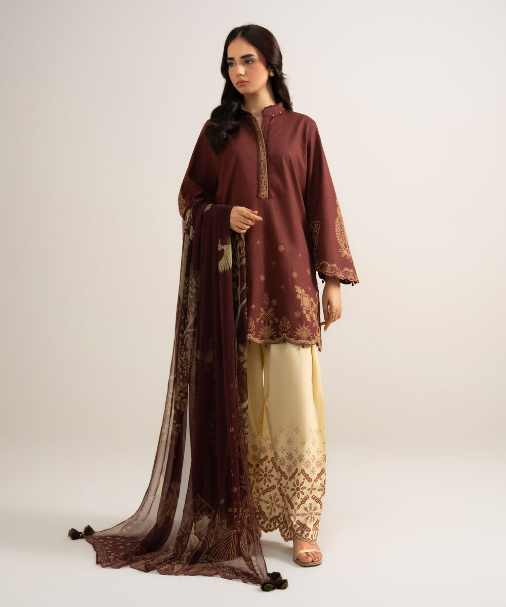 Women's Unstitched Cotton Printed Brown 3 Piece Suit