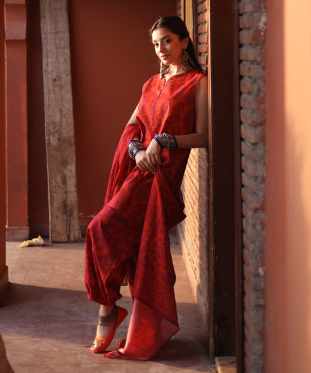 Women's Unstitched Cotton Viscose Printed Orange 3 Piece Suit