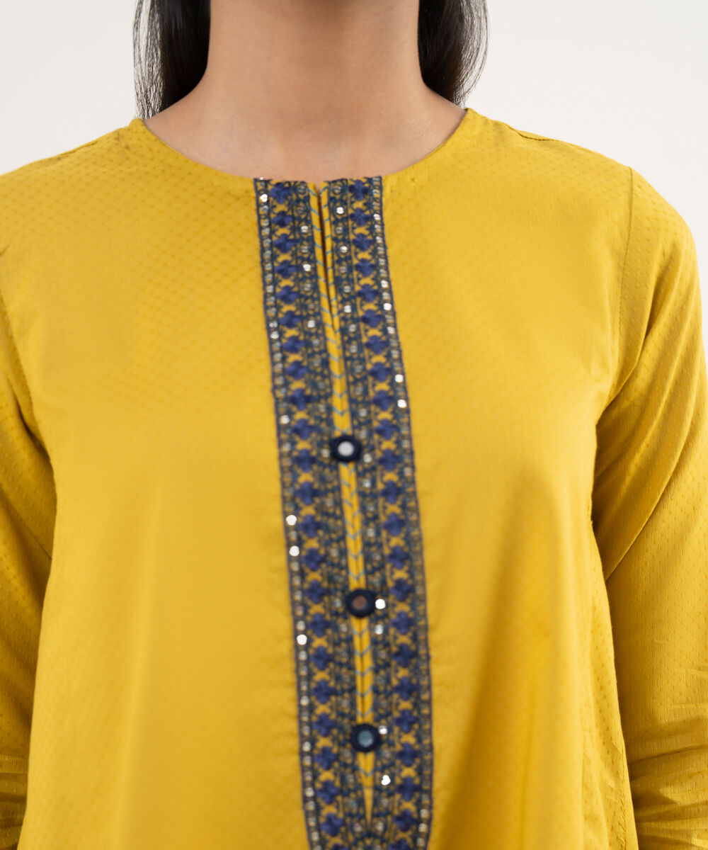 Women's RTW Textured Cotton Yellow Embroidered A-Line Shirt