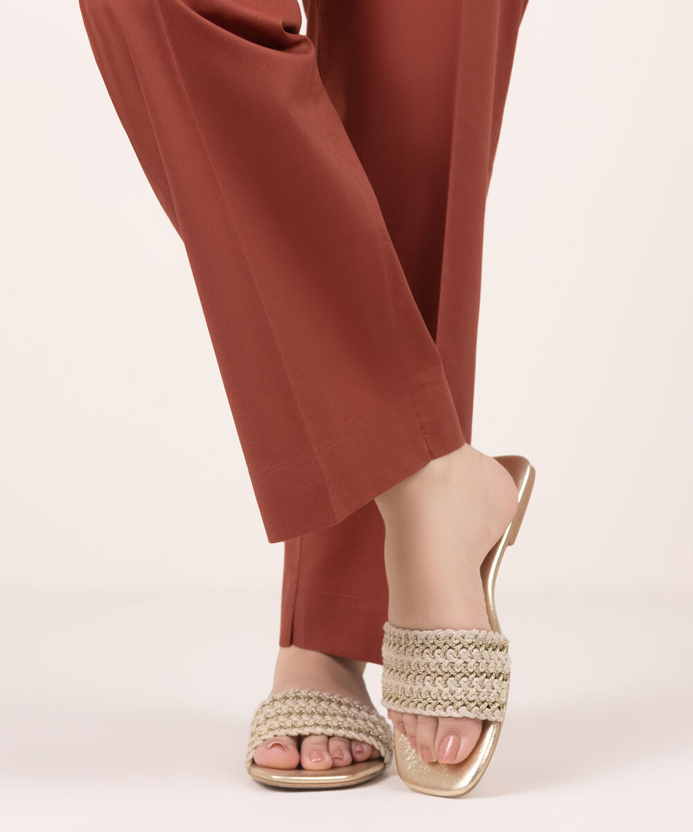 Women's RTW Cambric Solid Brown Straight Pants