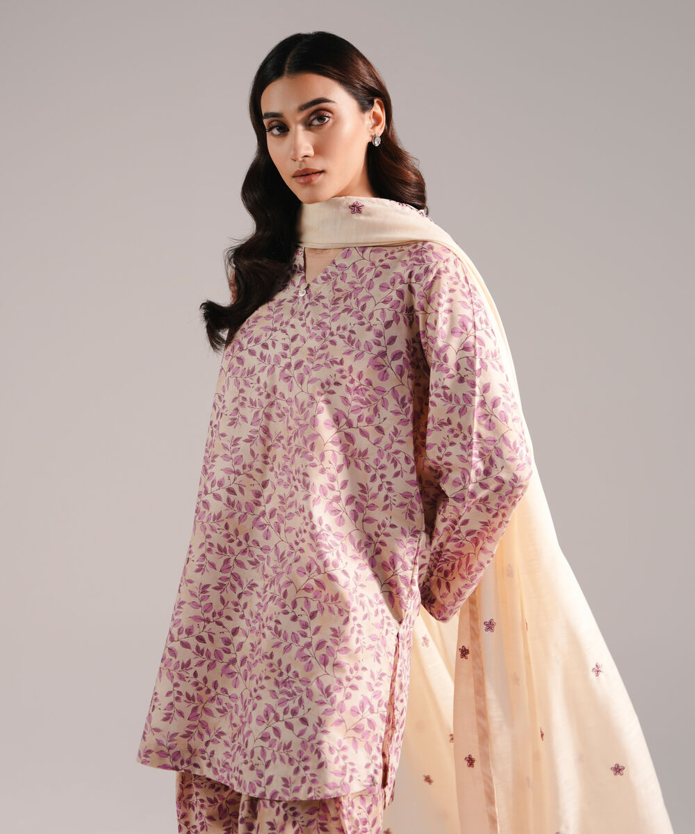 Women's RTW Zari Lawn Printed Beige 3 Piece Suit