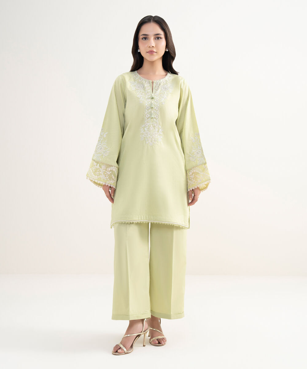 Women's RTW Self Jacquard Embroidered Green Straight Shirt