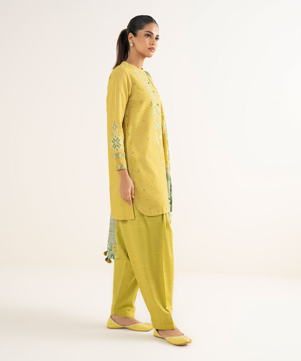 Women's Unstitched Light Khaddar Embroidered Yellow 3 Piece Suit