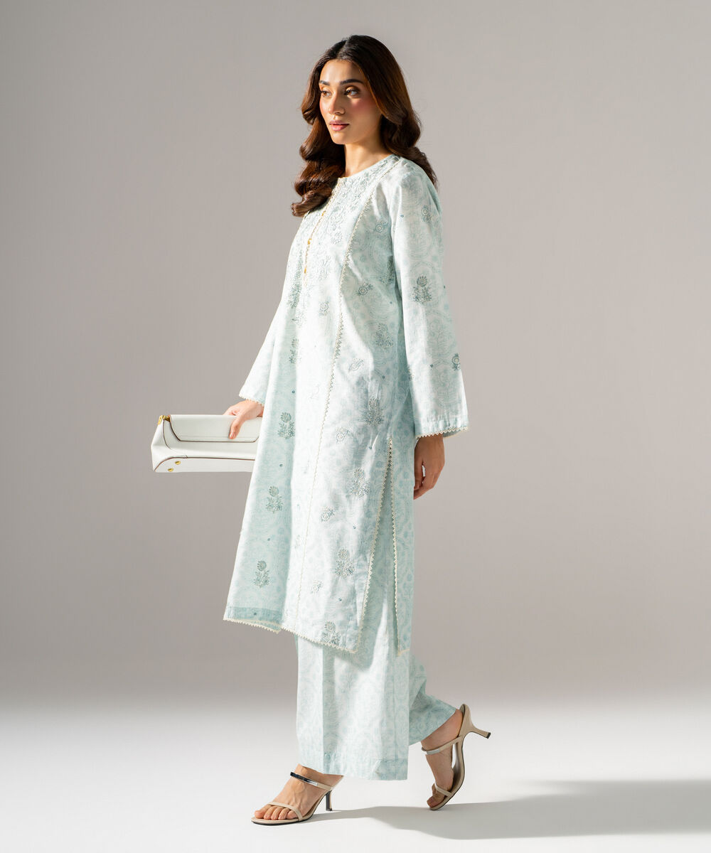 Women's RTW Fancy Cotton Printed Embroidered Ice Blue 2 Piece Suit
