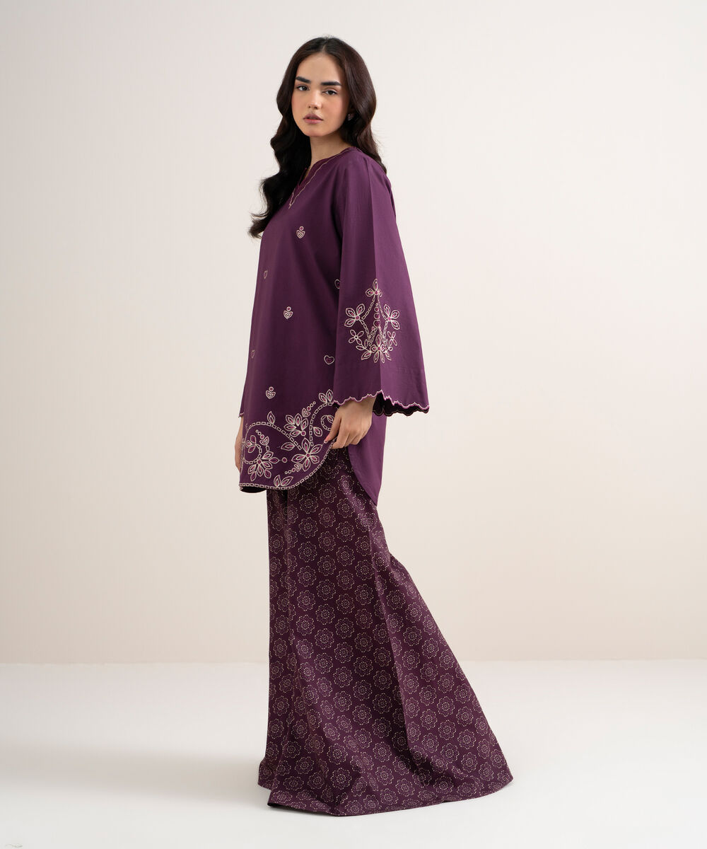 Women's Unstitched Cotton Embroidered Purple 2 Piece Suit