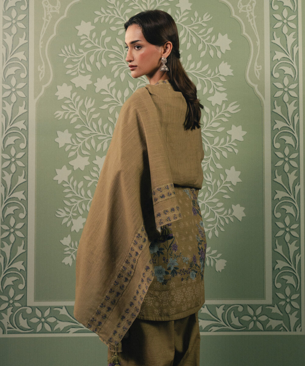 Women's Unstitched Khaddar Printed Brown 3 Piece Suit