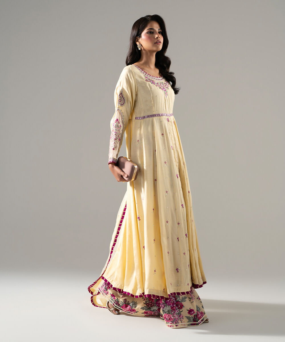 Women's RTW Bright Raw Silk Printed Yellow 3 Piece Suit