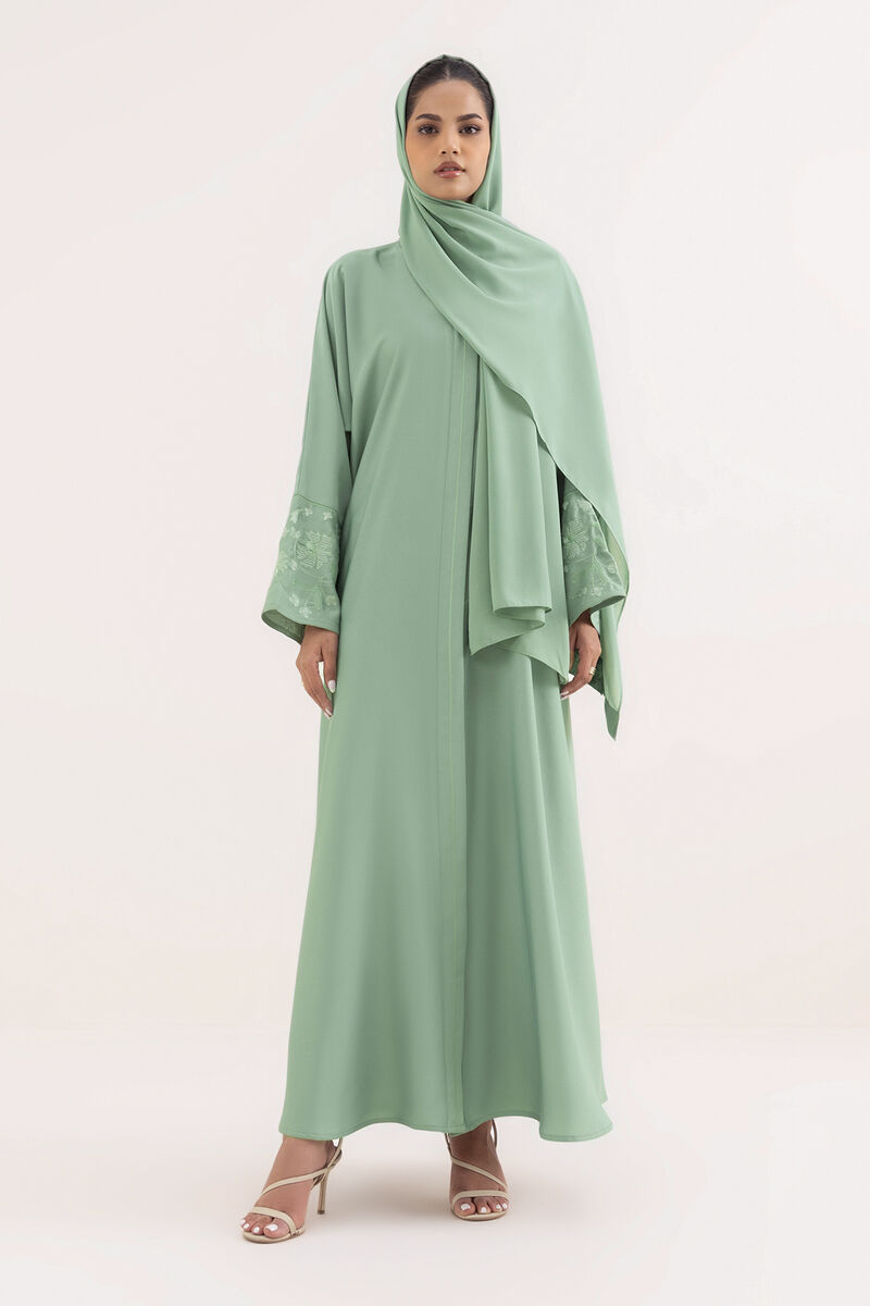 Button Through Abaya Set With Sleeve Embroidery Detail