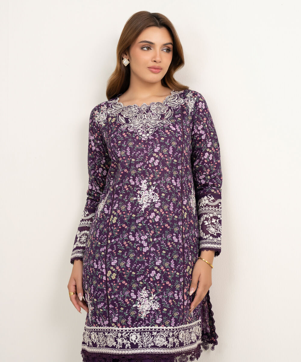 Women's RTW Lawn Embroidered Purple Straight Shirt