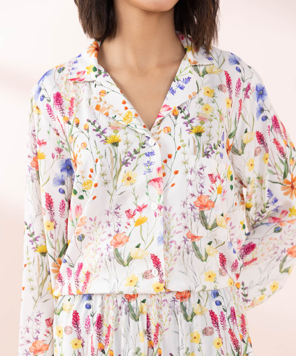 Women's Sleepwear White Floral Printed Pj Set