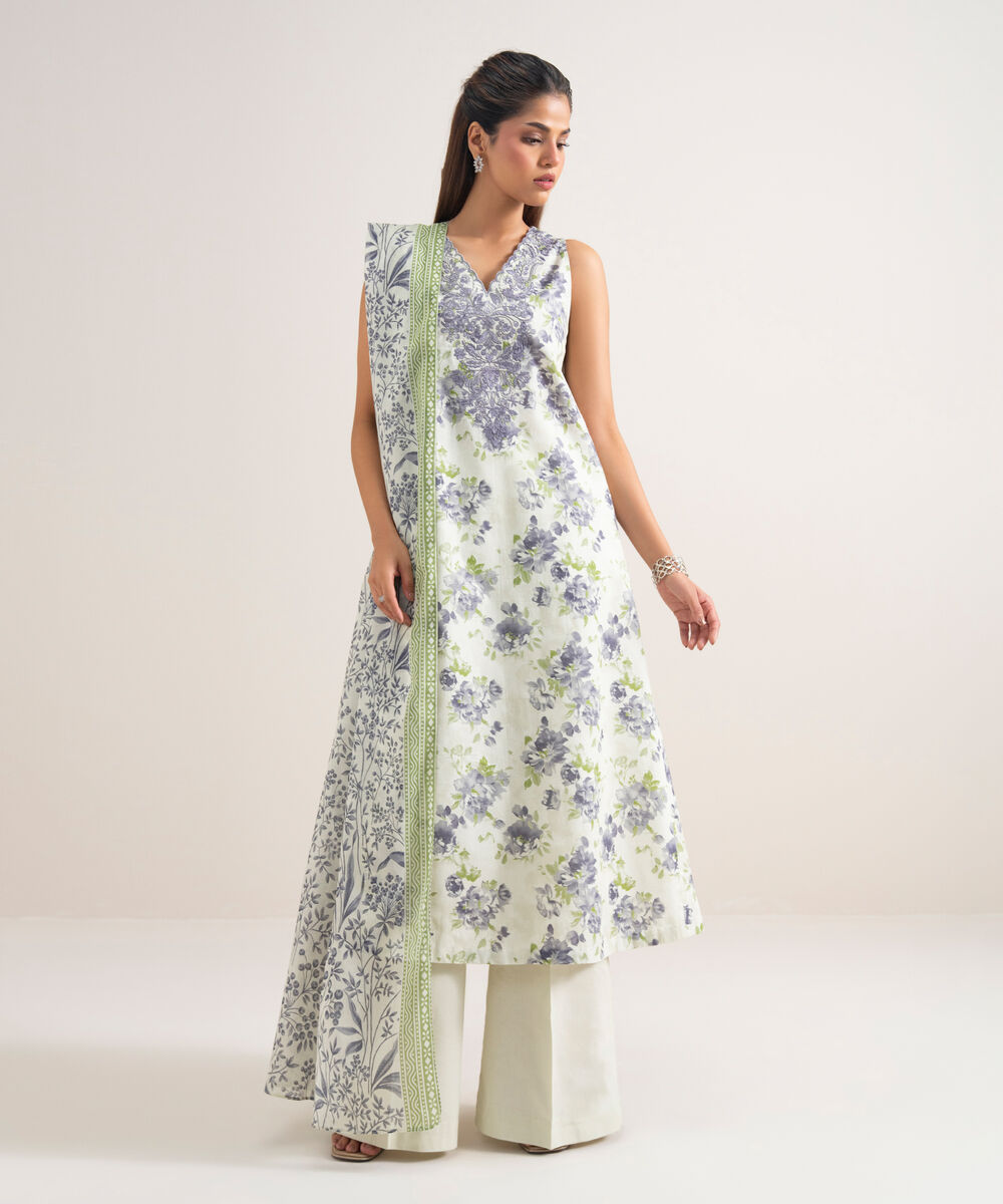 Women's Unstitched Lawn Embroidered Off White  3 Piece Suit