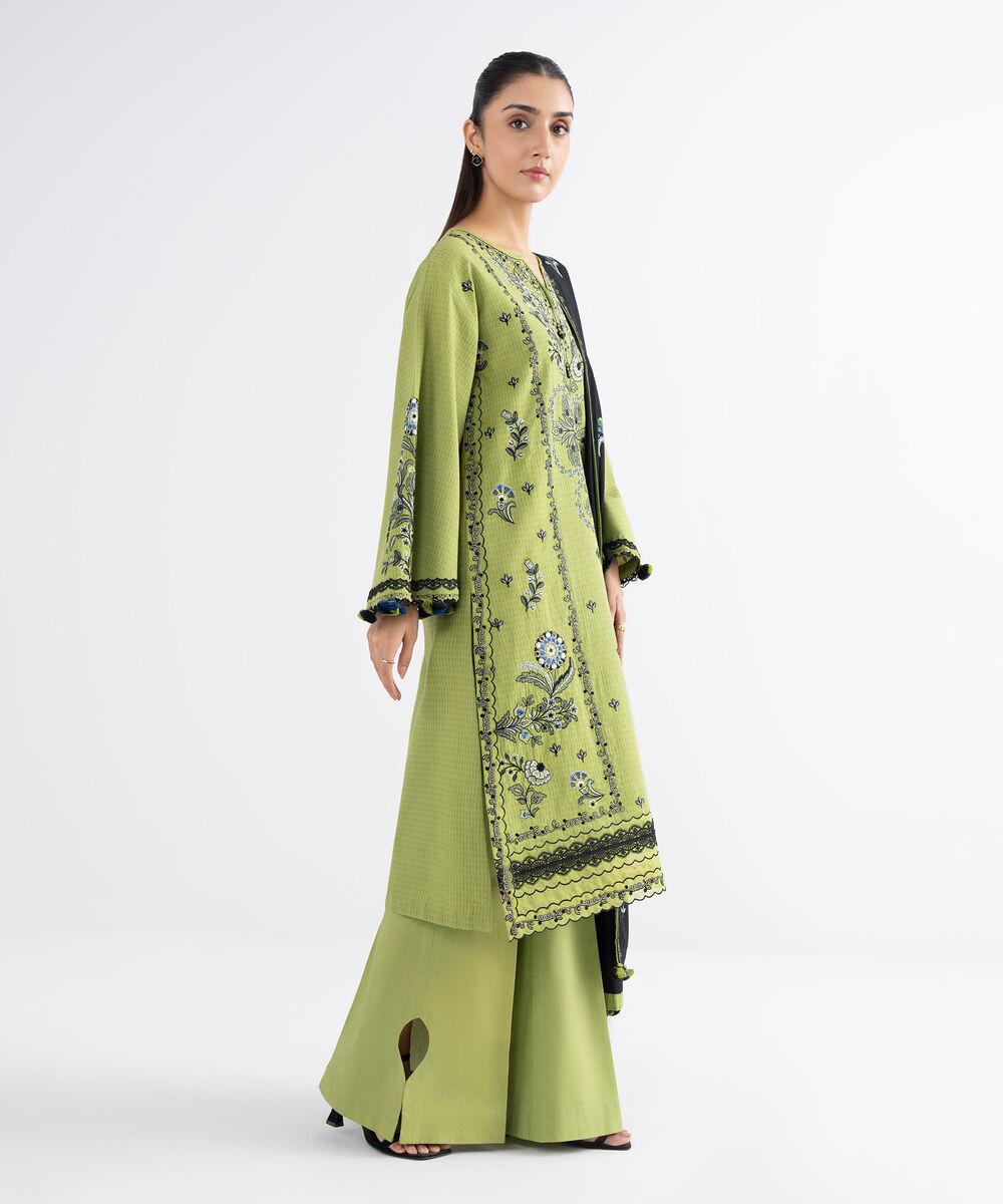 Women's Unstitched Dobby Embroidered Green 3 Piece Suit