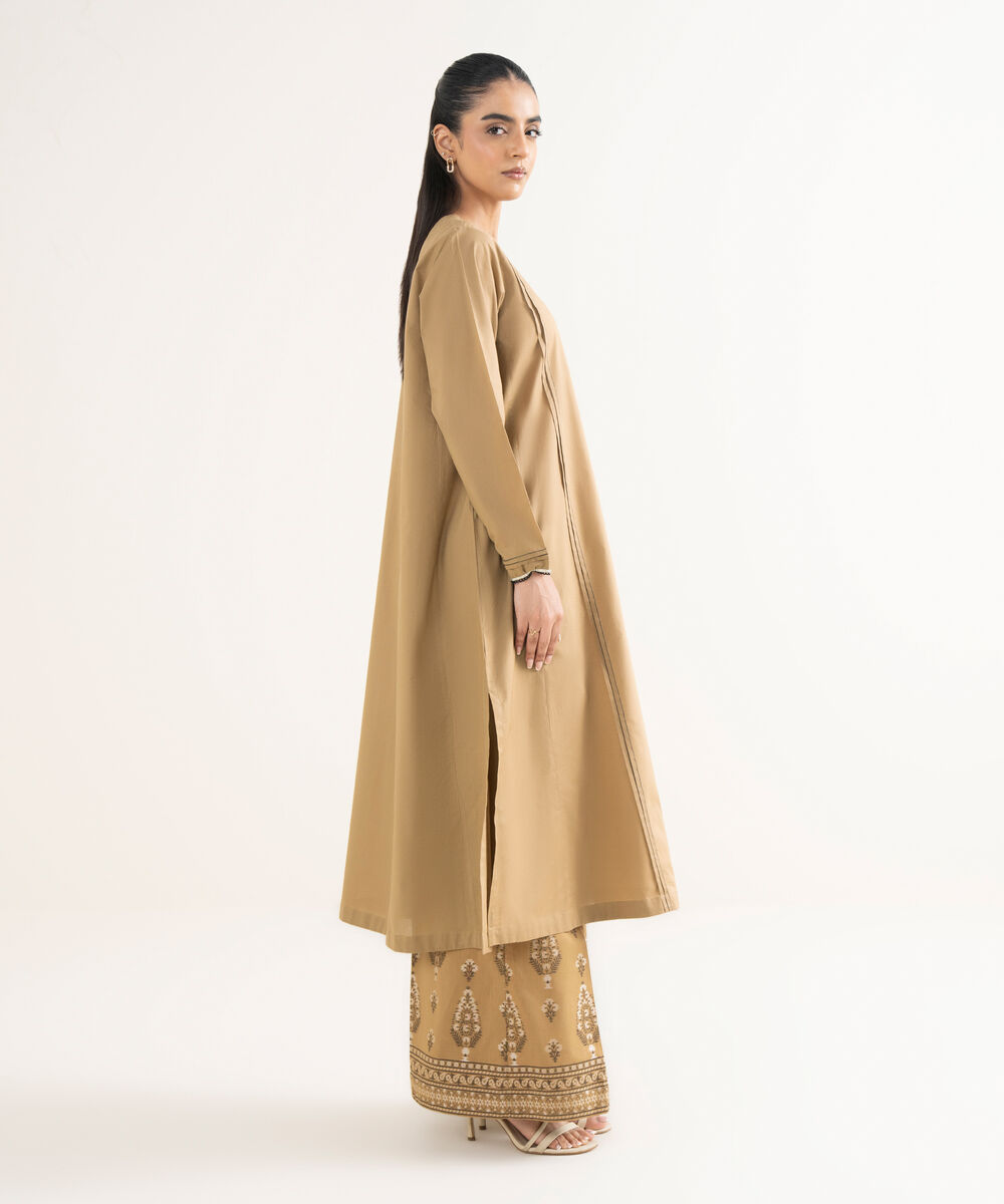 Women's RTW Cambric Solid A-Line Beige Shirt