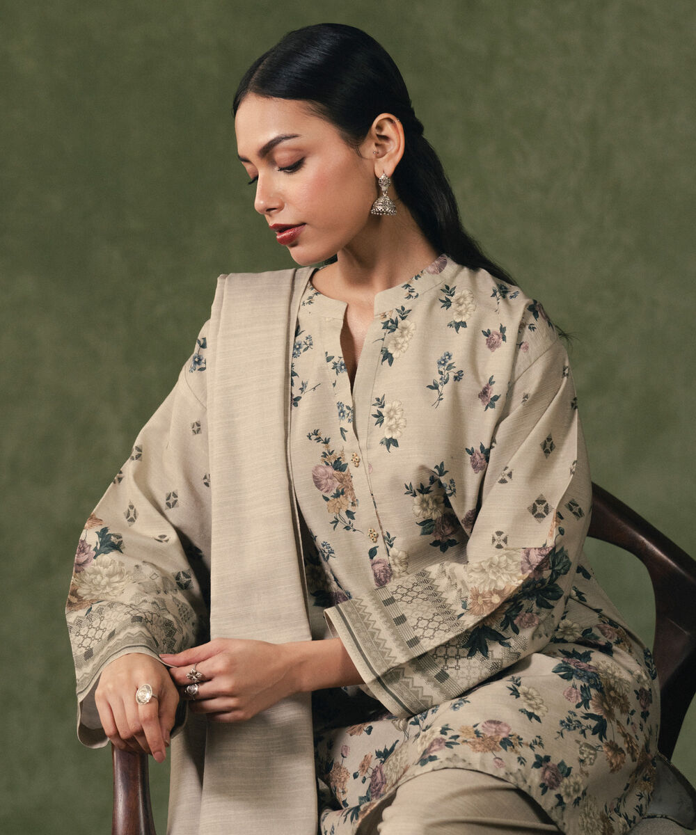 Women's Unstitched Cotton Printed Beige 3 Piece Suit