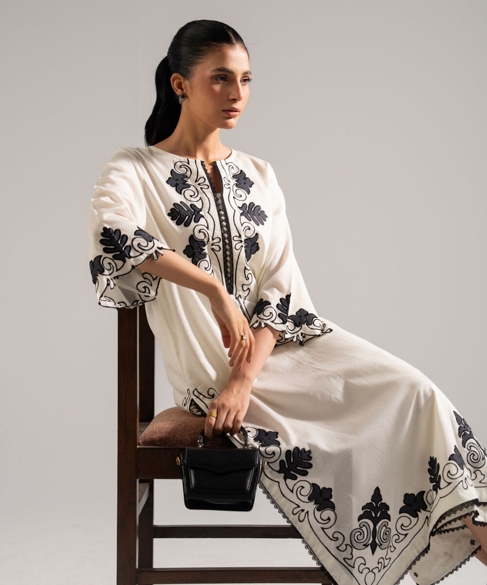 Women's RTW Dobby Embroidered White 2 Piece Suit