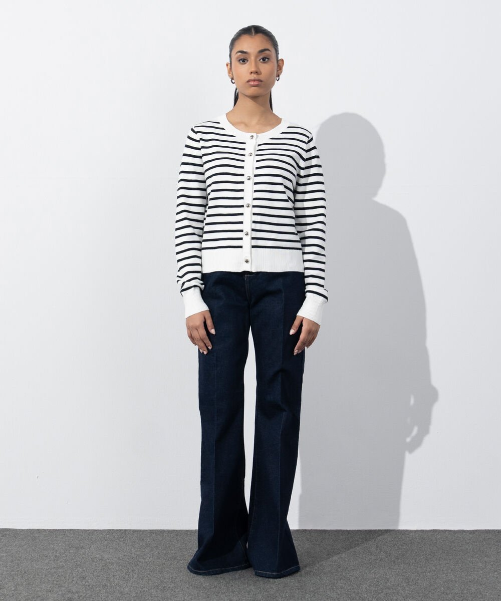 Women's Western Wear White & Black Striped Knit Cardigan