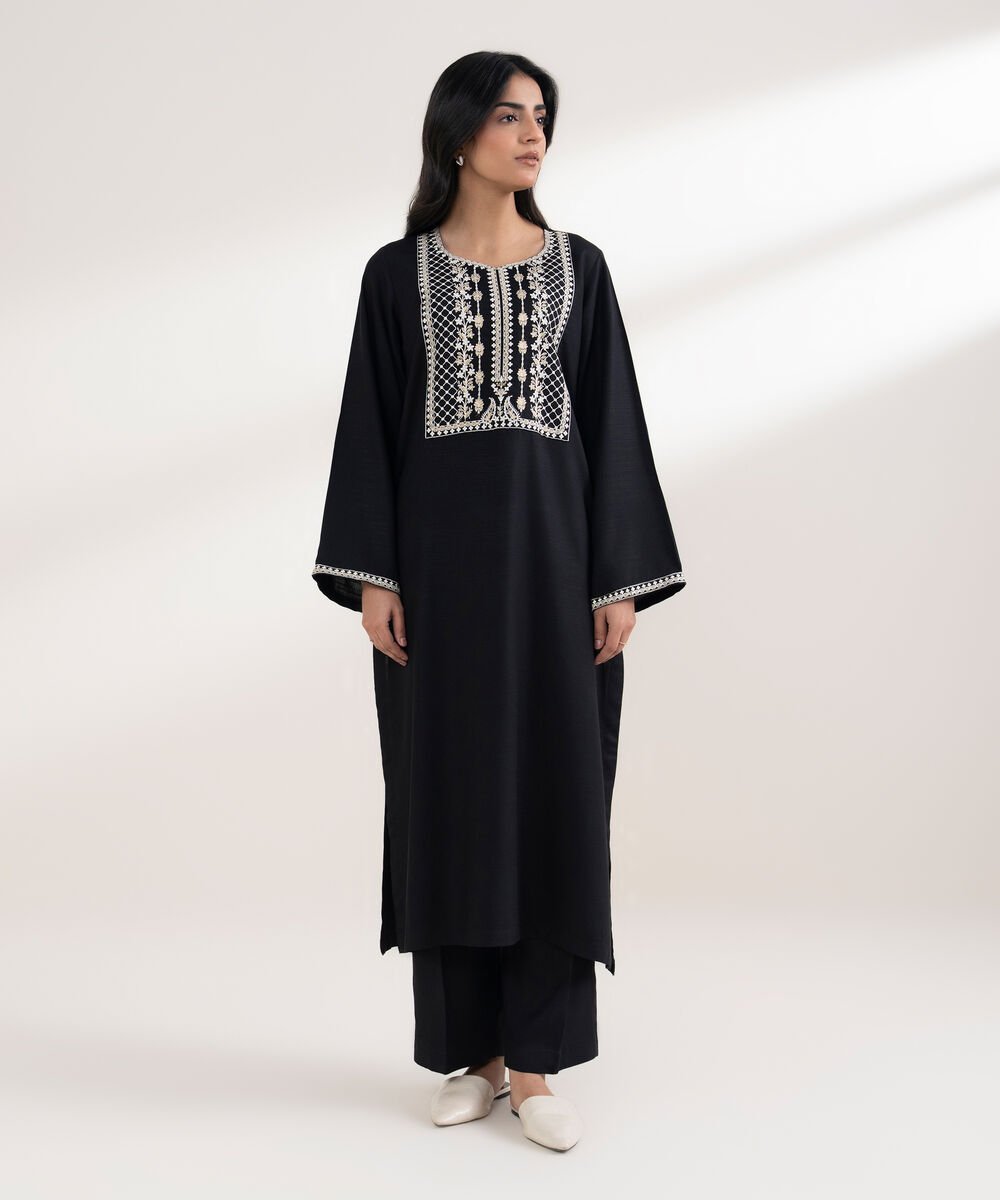 Women's RTW Arabic Khaddar Embroidered Black Straight Shirt