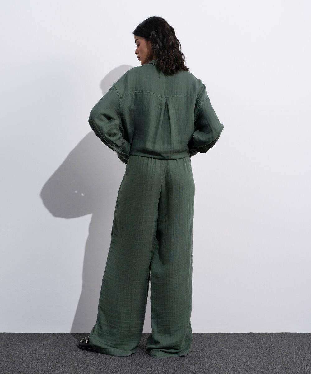Women's Green Pleated Muslin Trousers
