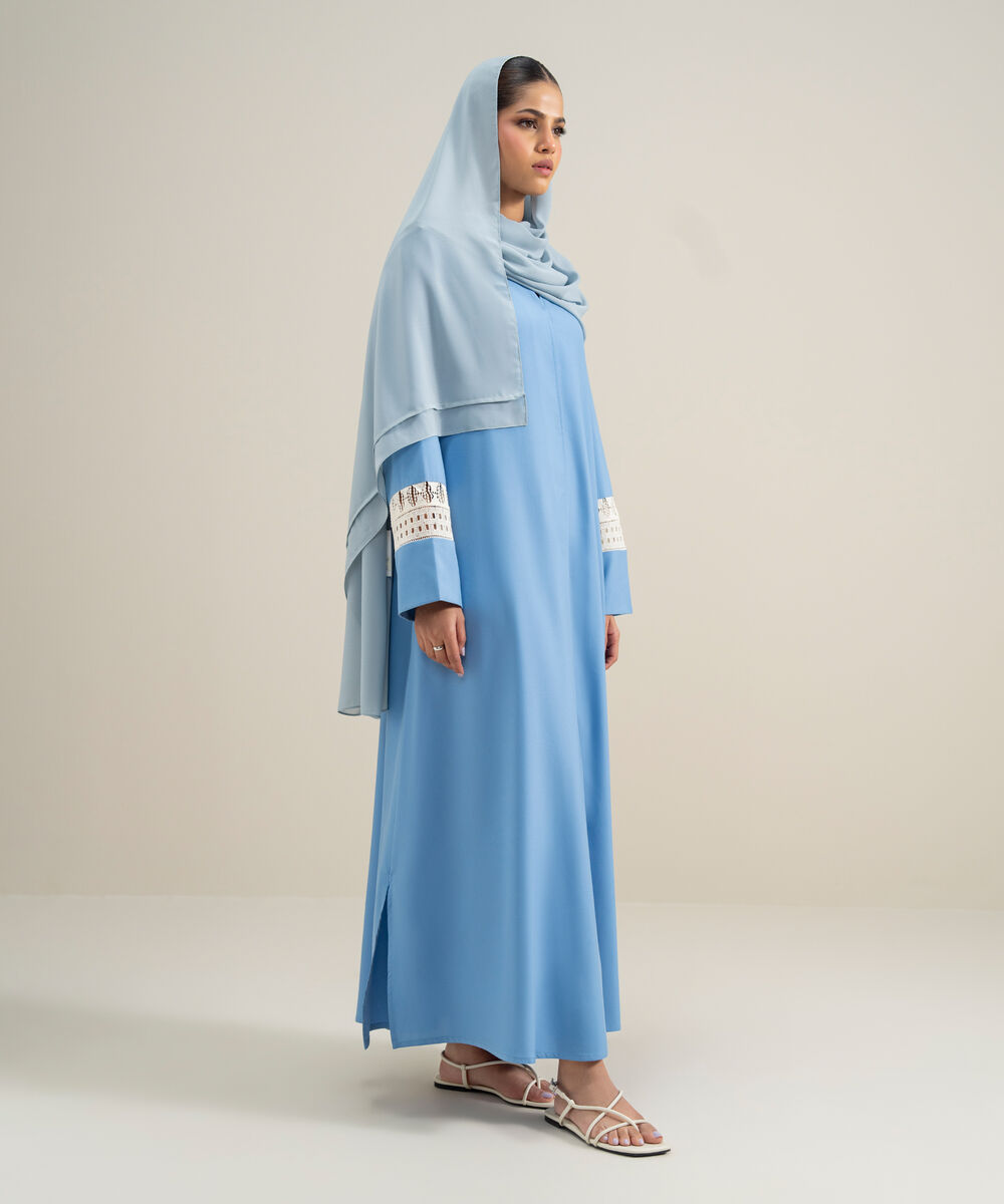 Women's Polyester Blue Lace Trim Abbaya