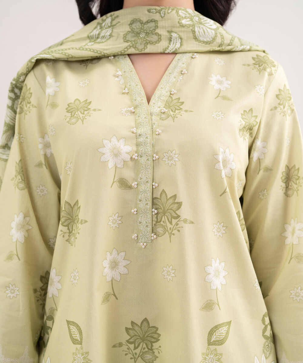 Women's Unstitched Lawn Printed Beige 3 Piece Suit