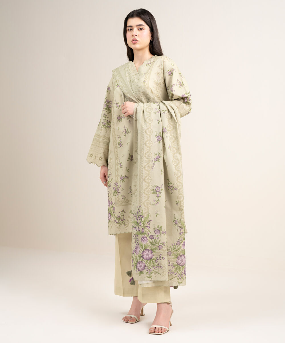 Women's Unstitched Zari Lawn Printed Beige 3 Piece Suit