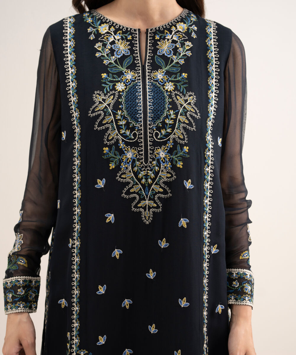 Women's Unstitched Blended Chiffon Embroidered Black 3 Piece Suit