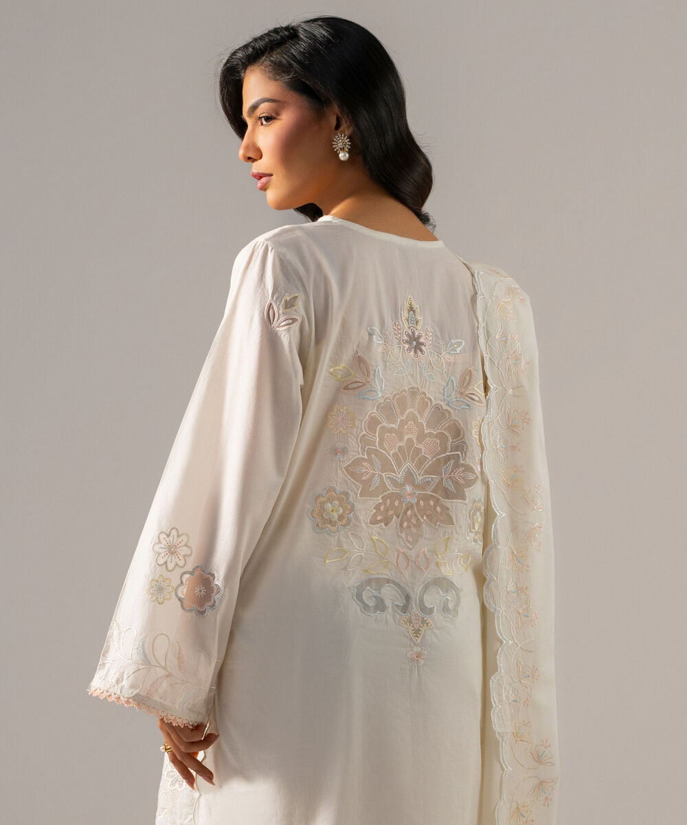 Women's RTW Lawn Solid Embroidered Off White 3 Piece Suit