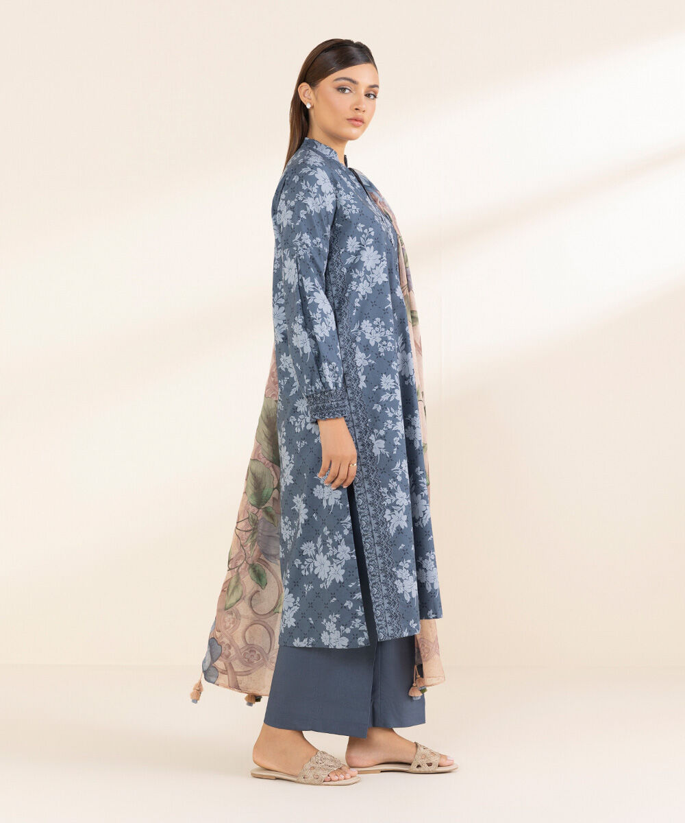 Women's Unstitched Blue Lawn 3 Piece Suit