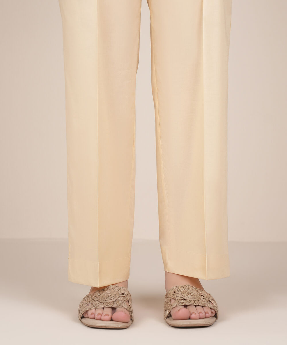 Women's RTW Lycra Off White Solid Straight Pants