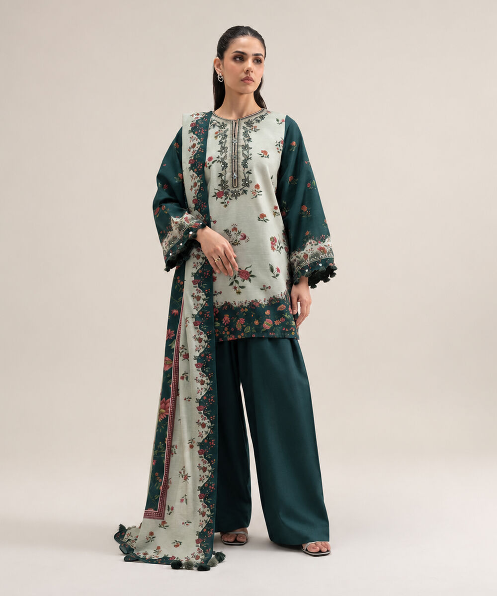 Women's Unstitched Premium Khaddar Printed Off White 3 Piece Suit