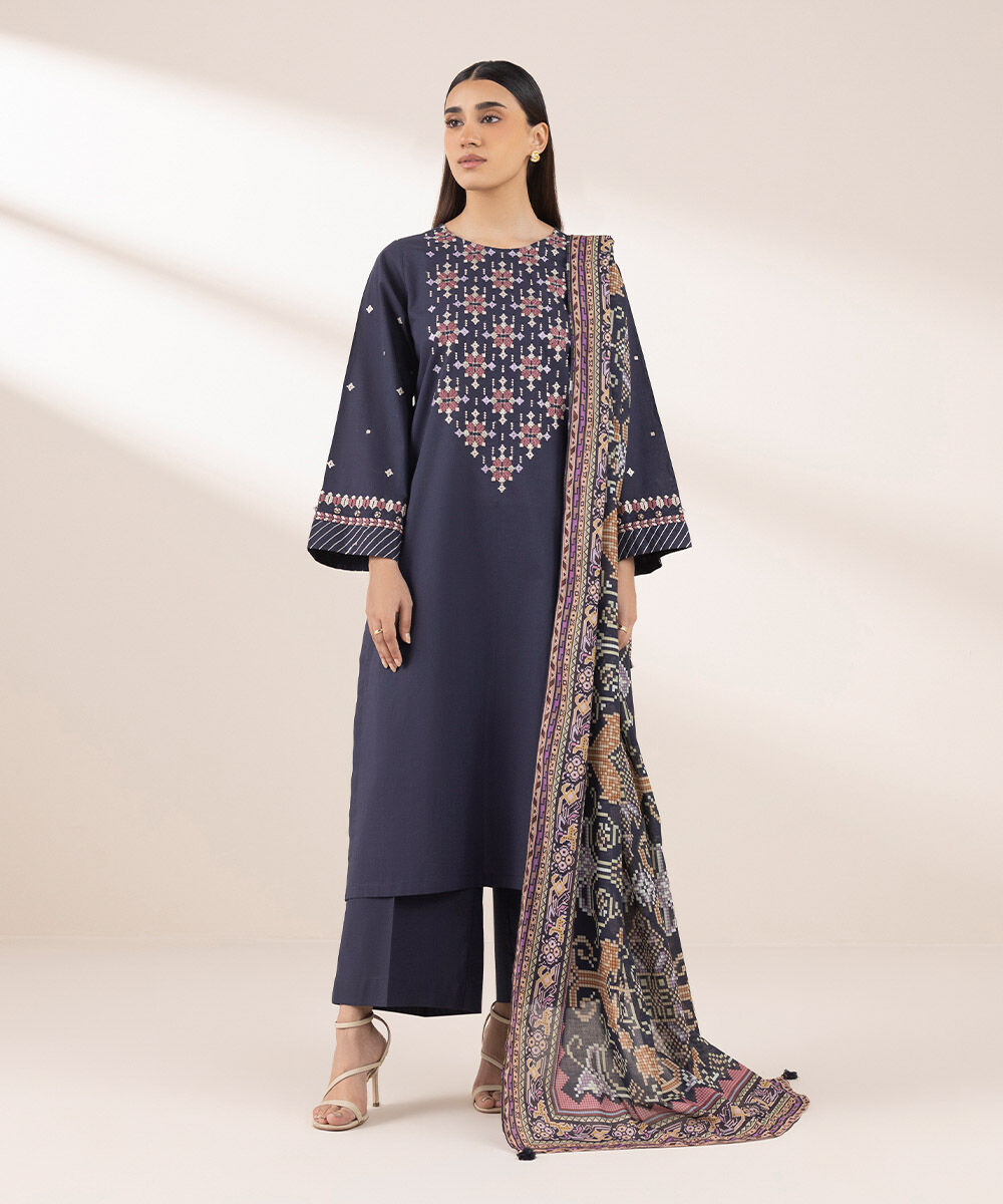 Women's RTW Cross Hatch Blue Embroidered A-Line Shirt