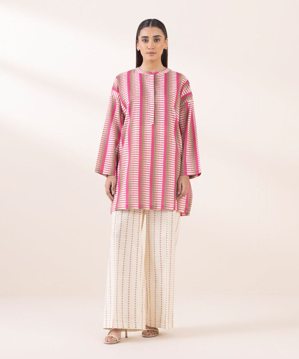 Women's Pret Printed Pink And Cream Khaddar Boxy Shirt