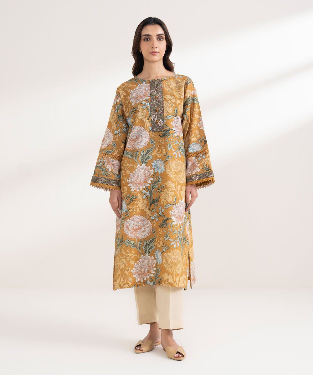 Women's RTW Khaddar Printed Boxy Mustard Shirt