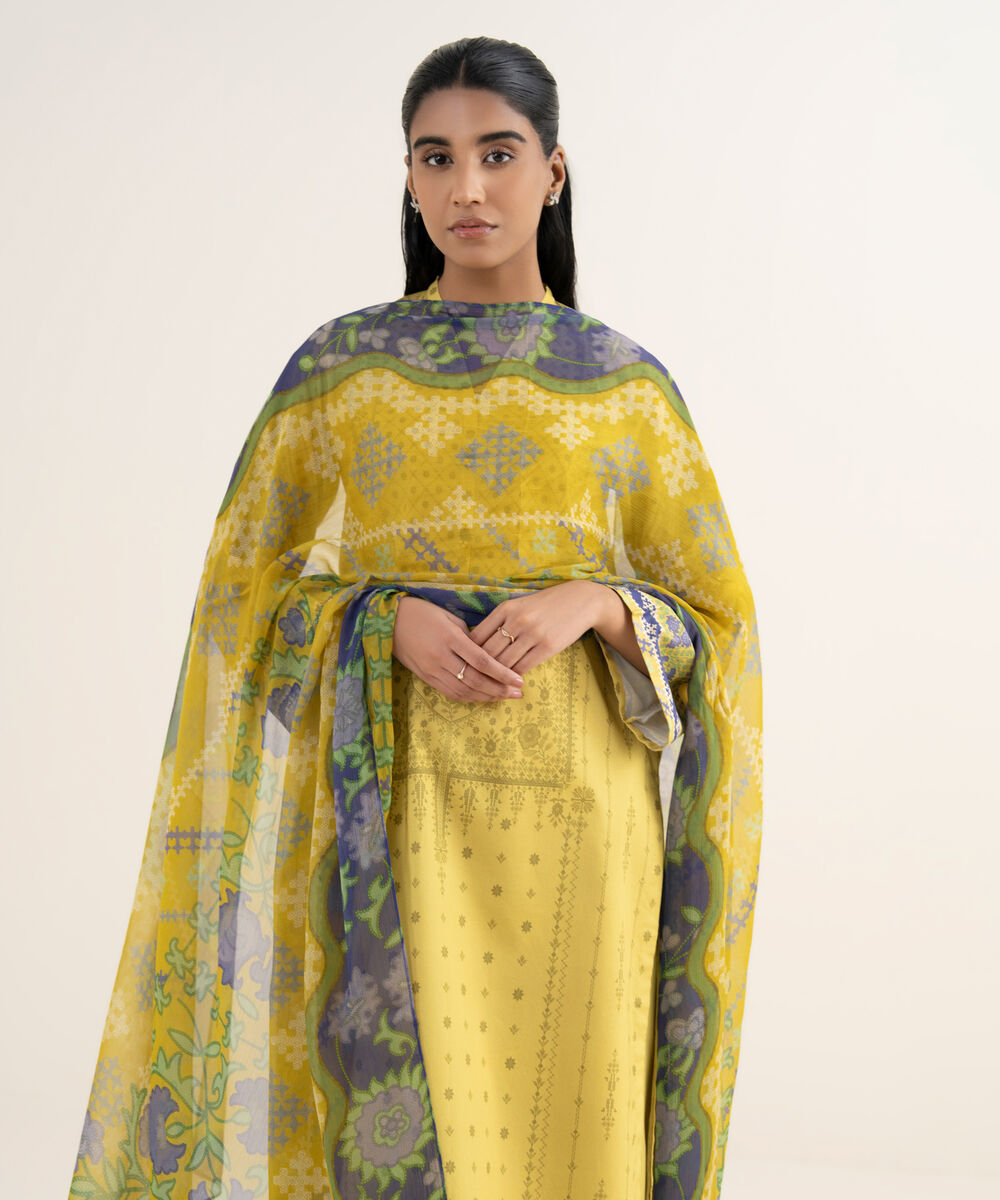Women's Unstitched Lawn Printed Yellow 3 Piece Suit
