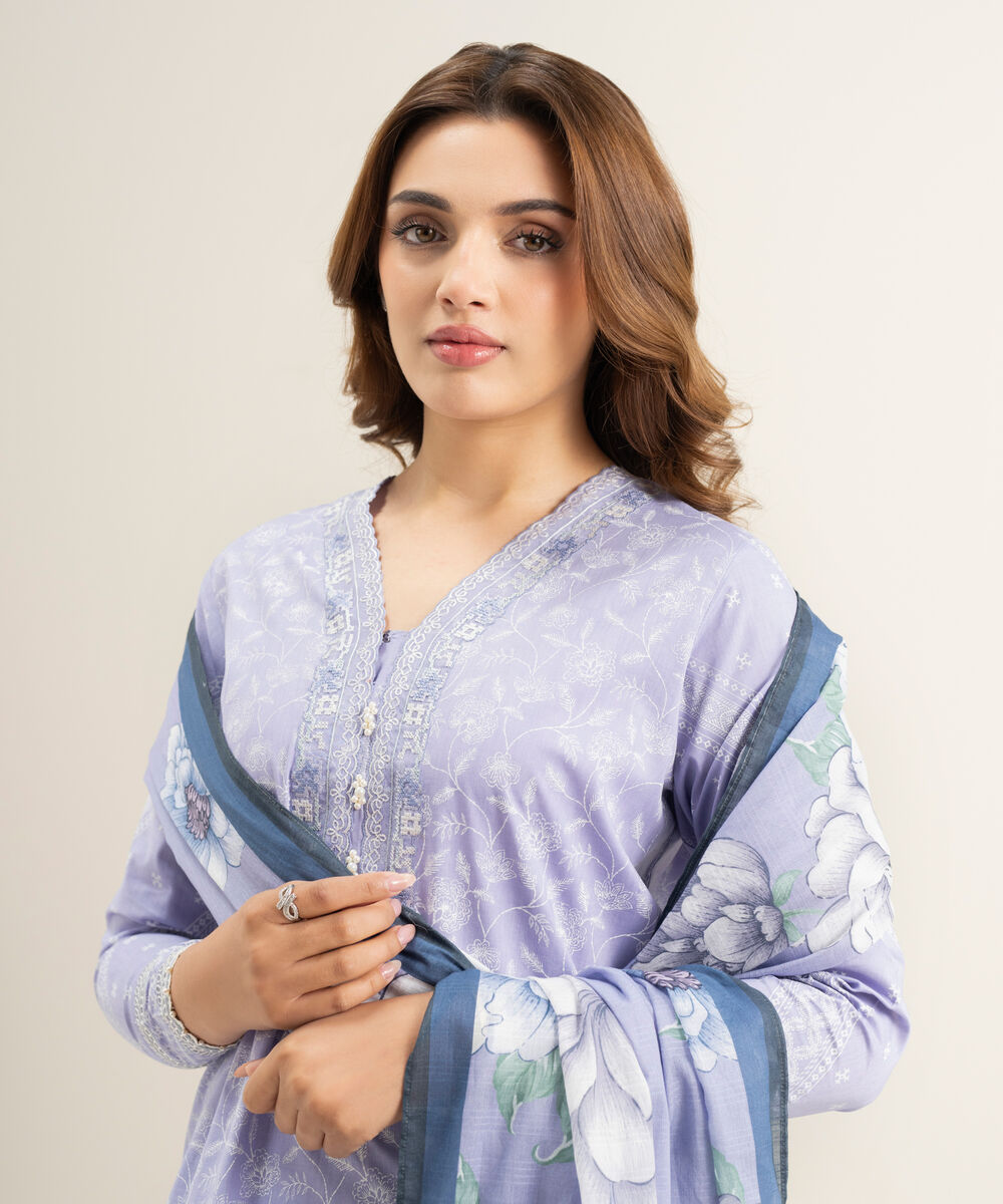 Women's Unstitched Lawn Purple Embroidered 3 Piece Suit