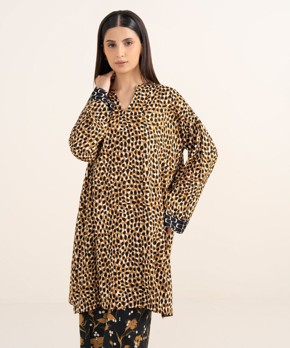 Women's RTW Arabic Lawn Brown Printed Drop Shoulder Shirt