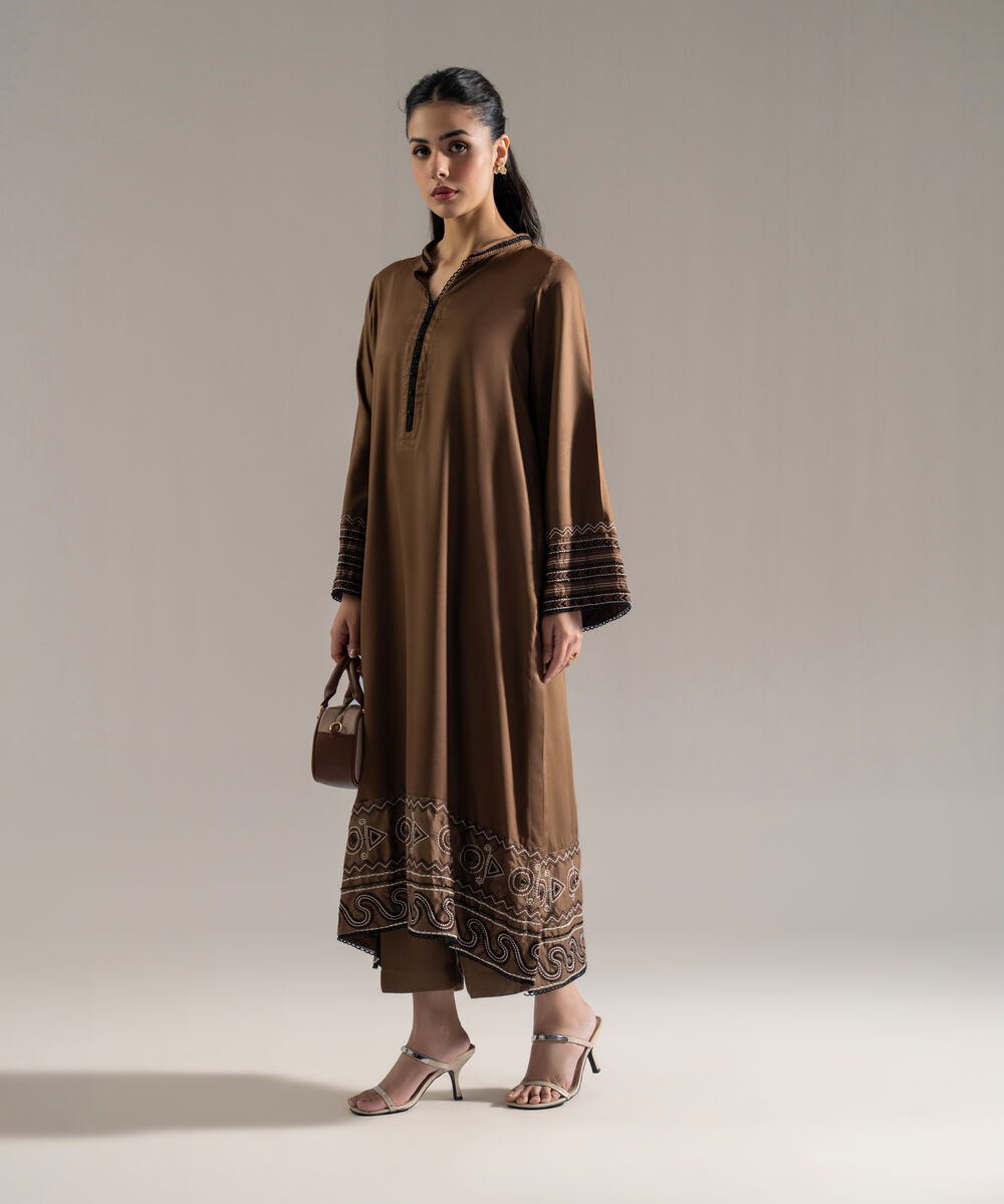Women's RTW Bedford Solid Embroidered Brown Straight Shirt