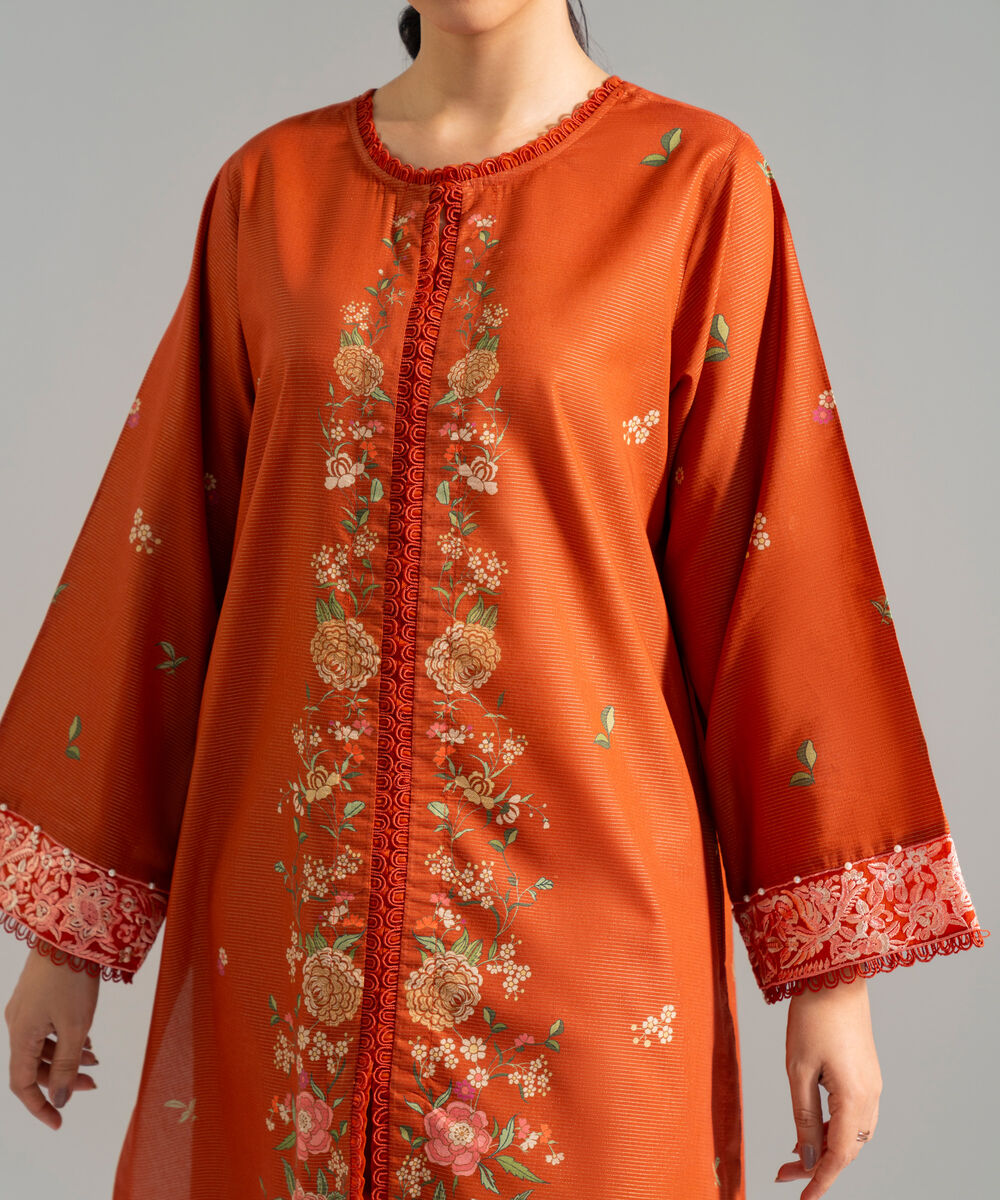 Women's RTW Zari Lawn Embroidered Orange Straight Shirt
