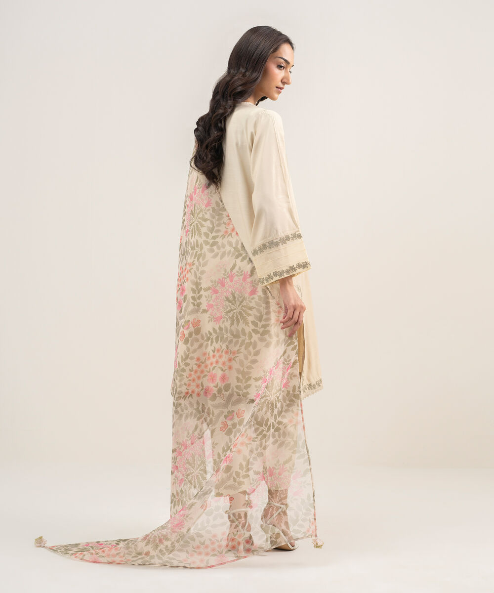 Women's RTW Viscose Raw Silk Embroidered Beige 3 Piece Suit