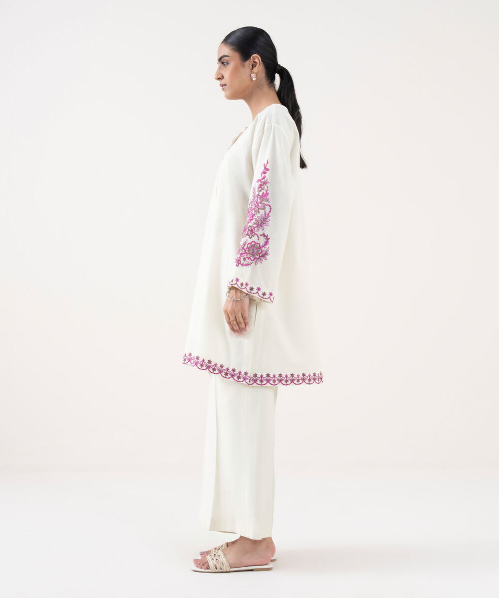 Women's RTW Textured Lawn Off White Embroidered Drop Shoulder Shirt