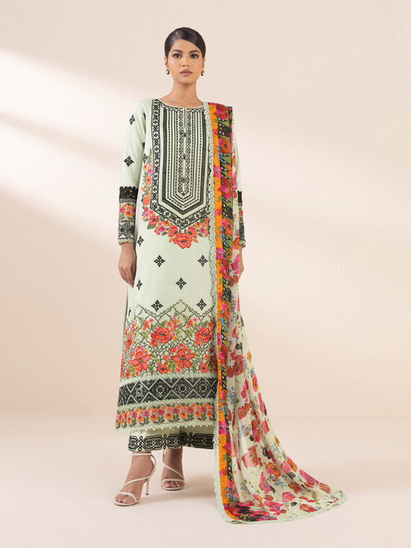 3 Piece - Embroidered Cotton Satin Suit