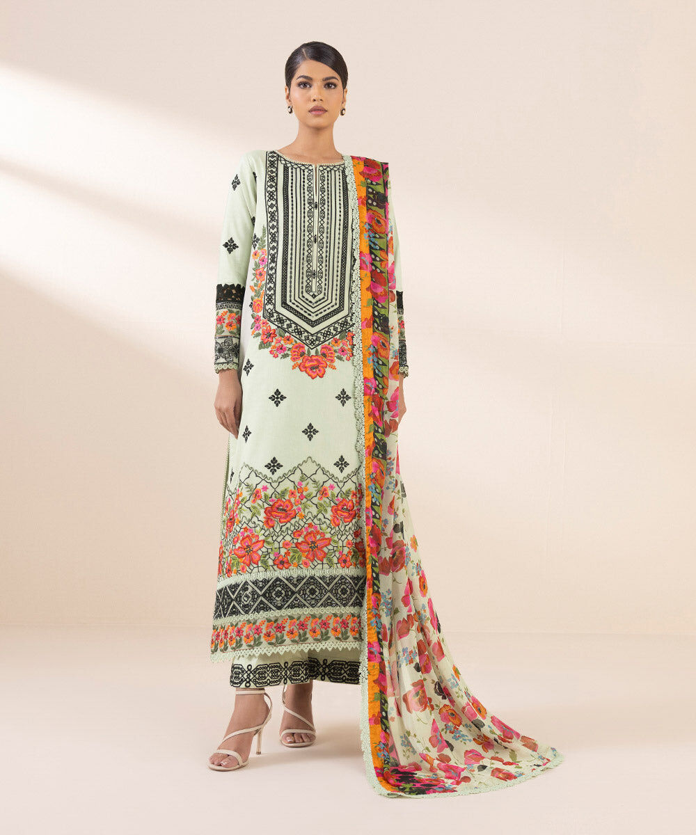 Woman - Multi 3 Piece - Embroidered Cotton Satin Suit