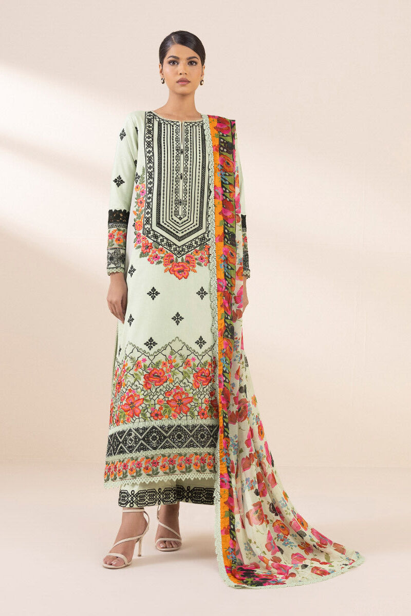 3 Piece - Embroidered Cotton Satin Suit