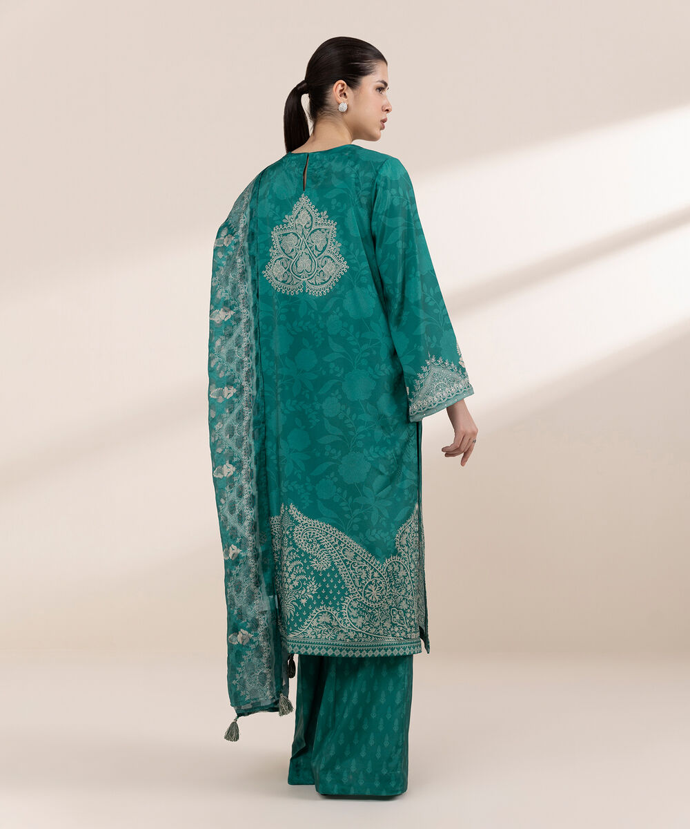 Women's RTW Blended Grip Green Printed Three Piece Suit